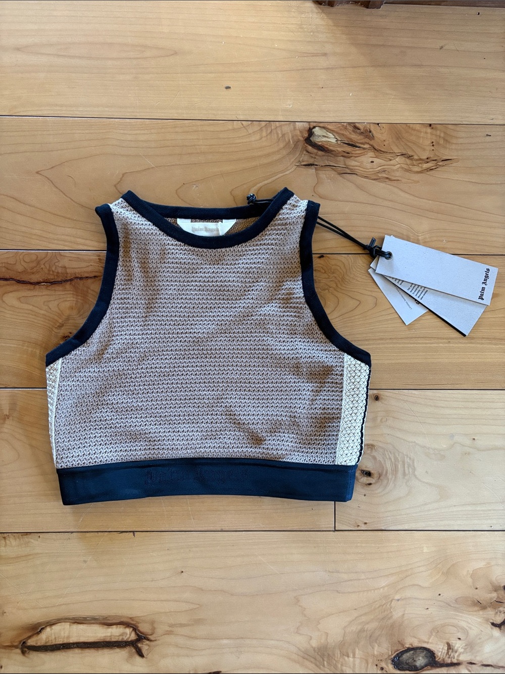 Palm Angels Neutral Waffle Knit Cropped Tank with Black Trim - Small